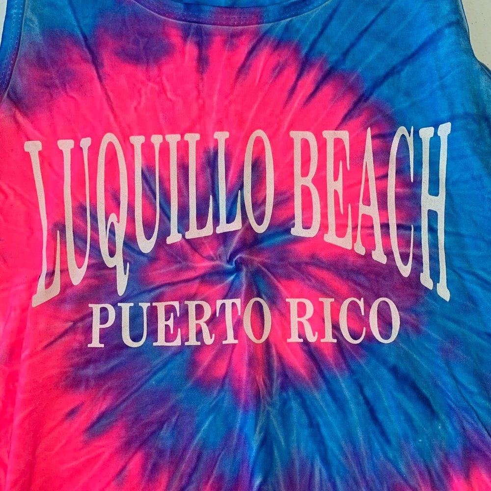 LUQUILLO BEACH PUERTO RICO TIE DYE FRINGED CROP TOP SMALL BAD BUNNY SUPER BOWL - Picture 2 of 8